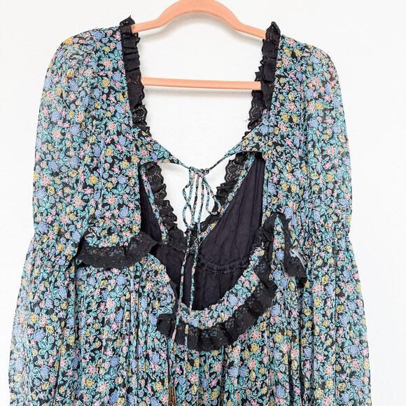 Free People Pennie Babydoll Floral Sheer‎ Mini Dress Black Size M Fairy Grunge - Picture 8 of 11